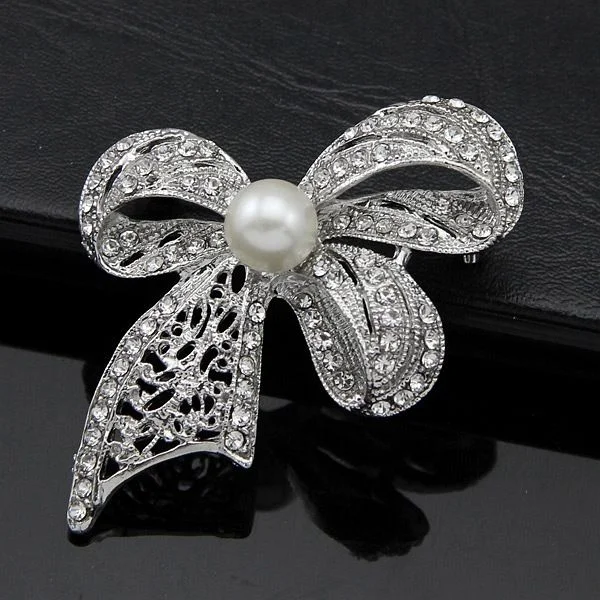 Gold Silver Bow Brooch Rhinestone BR-903