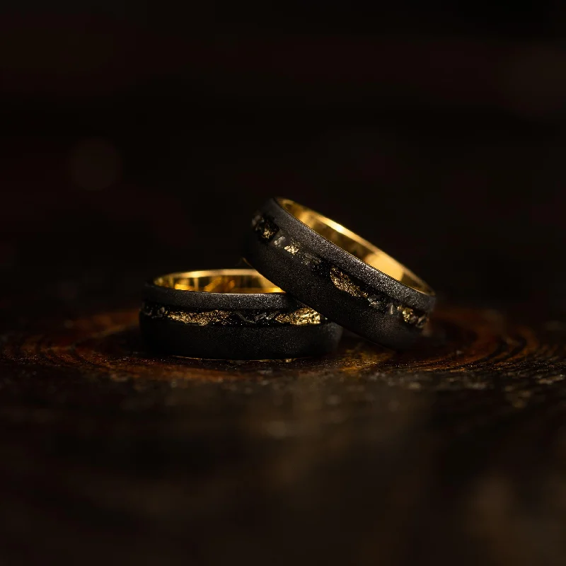 "Dionysus" Sandblasted Tungsten Carbide Ring- Black w/Gold Leaf & Meteorite- 8mm