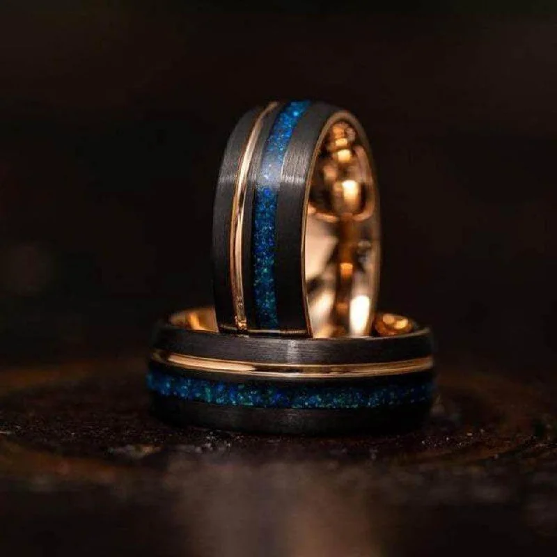 "Dionysus"  Black x Blue Opal Rose Gold Tungsten Ring