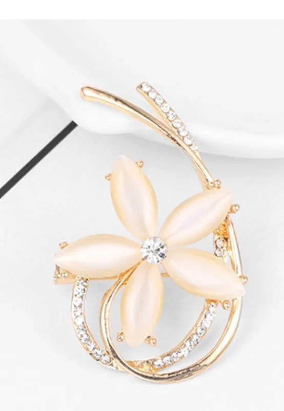 Gold Rhinestone Flower Leaf Brooch BR-22