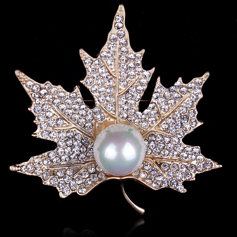 Rhinestones & Pearl Leaf Brooch BR-919