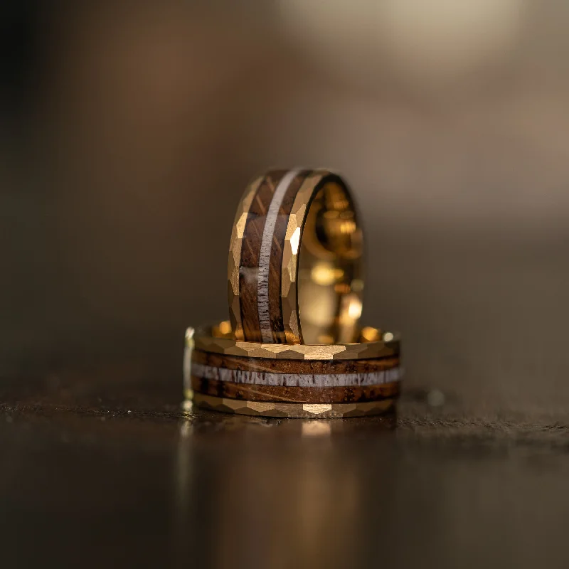 "Zeus" Hammered Ring-  with Charred Whiskey Barrel and Antler - Yellow Gold Tungsten- 6mm/8mm