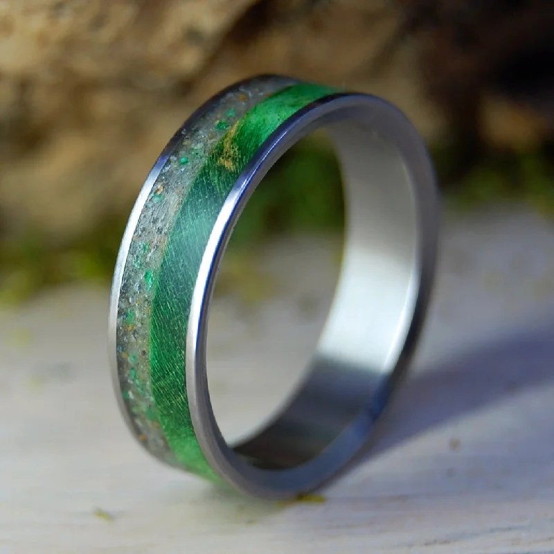 Crushed Emerald One The Beach | Men's Beach Sand, Crushed Emerald, & Green Box Elder Wood Wedding Ring