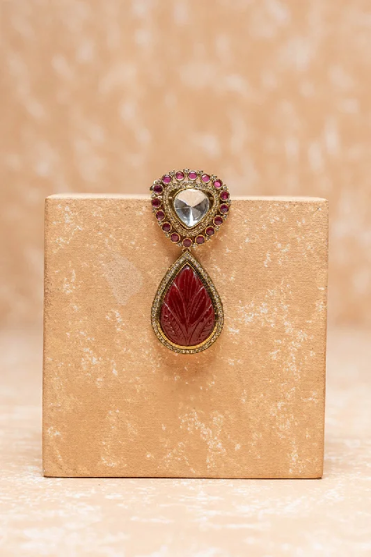 Crystal Brooch With Maroon Jaipuri Bead Drop