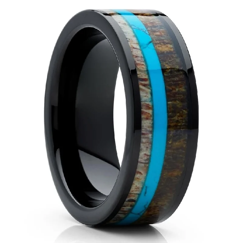 Deer Antler Black Tungsten Ring 8Mm Turquoise Inlay Comfort Fit Cobalt Free