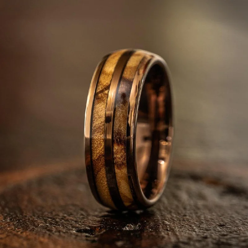 "Dionysus"  Olive Wood Double Barrel Rose Gold Tungsten Ring