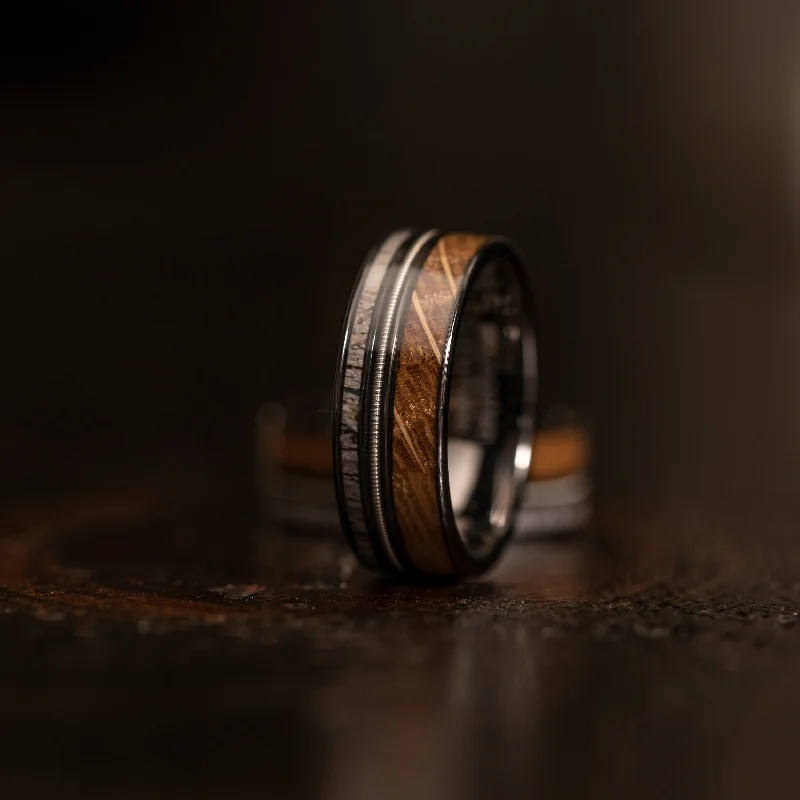 "Dionysus"  Whiskey Barrel Wood x  Antler x Guitar String Ring- Gunmetal Tungsten