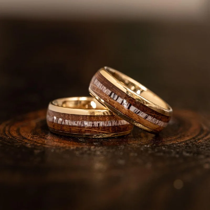 "Dionysus"  Whisky Barrel Wood x Antler Ring- Yellow Gold Tungsten