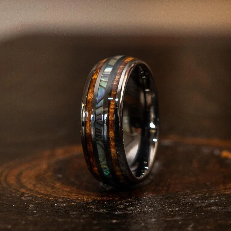 "Dionysus"  Whisky Barrel x Abalone Shell Gunmetal Tungsten Ring