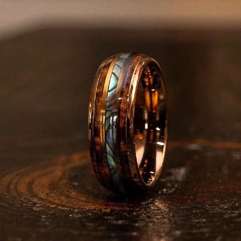 "Dionysus"  Whisky Barrel x Abalone Shell Rose Gold Tungsten Ring