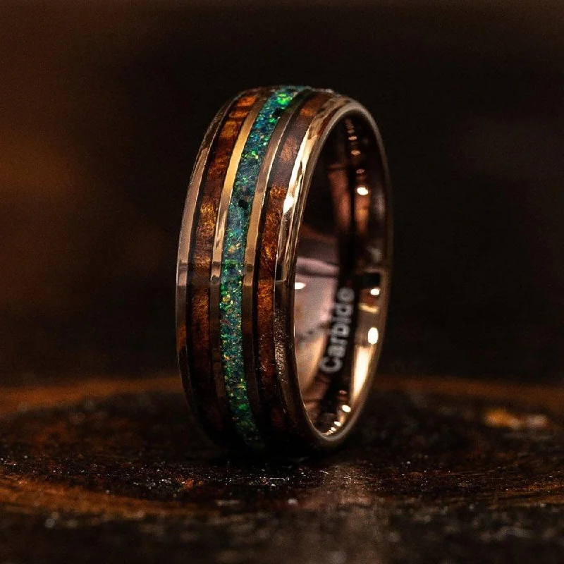 "Dionysus"  Whisky Barrel x Green/Blue Opal Rose Gold Tungsten Ring