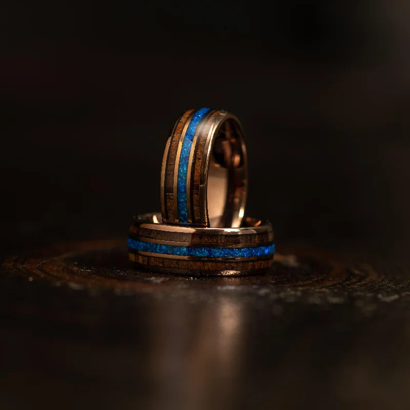 "Dionysus"  Whisky Barrel x Blue Opal Smoked Rose Gold Tungsten Ring