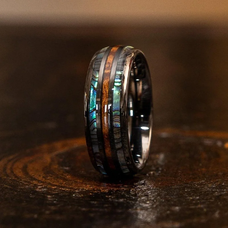 "Dionysus"  Whisky Barrel x Double Abalone Shell Gunmetal Tungsten Ring