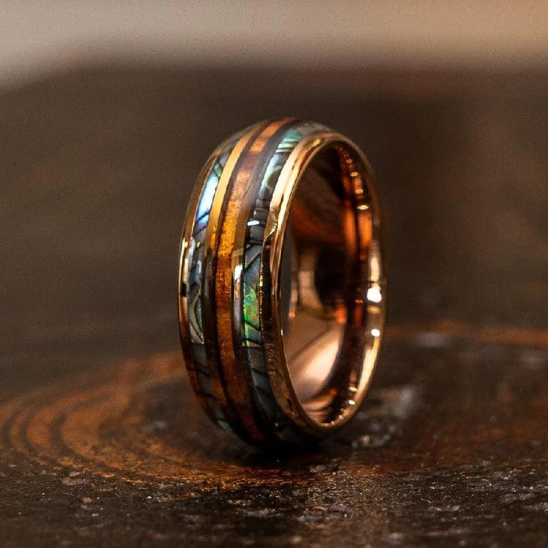 "Dionysus"  Whisky Barrel x Double Abalone Shell Rose Gold Tungsten Ring