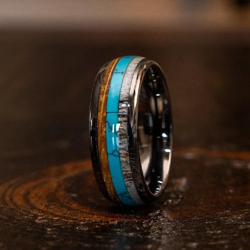 "Dionysus"  Whisky Barrel x Turquoise x Naturally Shed Antler Gunmetal Tungsten Ring- Domed