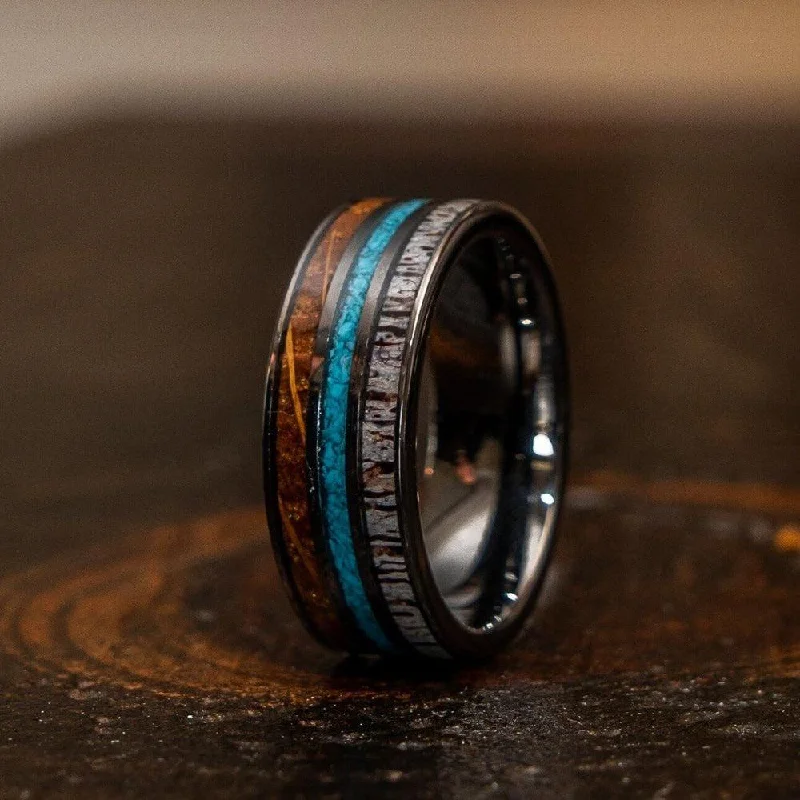 "Dionysus"  Whisky Barrel x Turquoise x Naturally Shed Antler Gunmetal Tungsten Ring- Flat