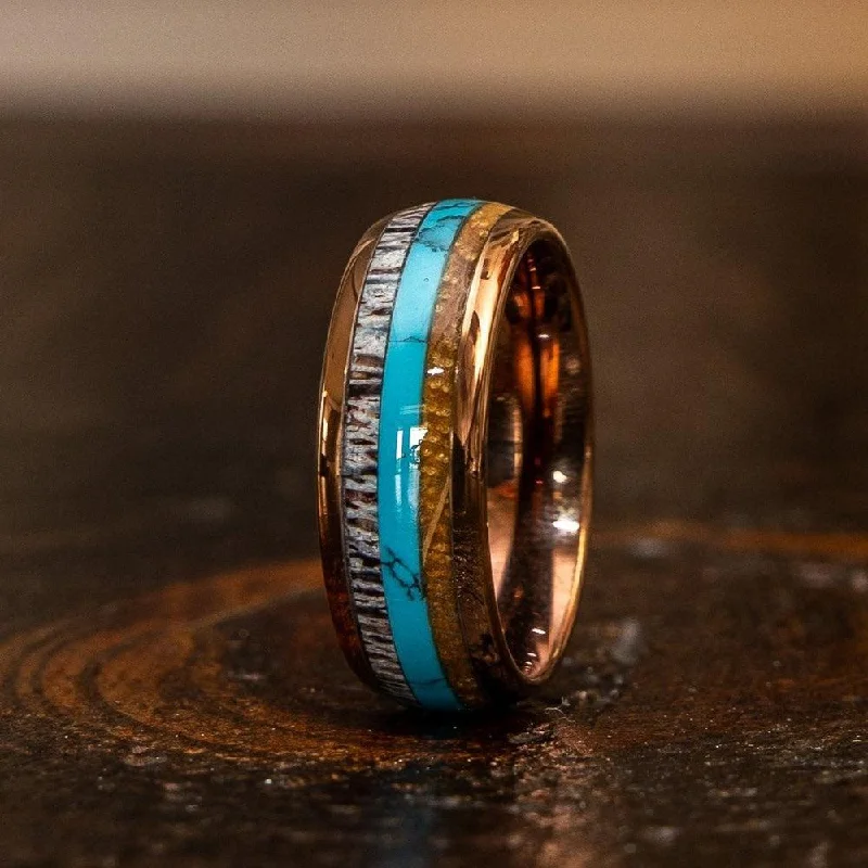 "Dionysus"  Whisky Barrel x Turquoise x Naturally Shed Antler Rose Gold Ring- Domed