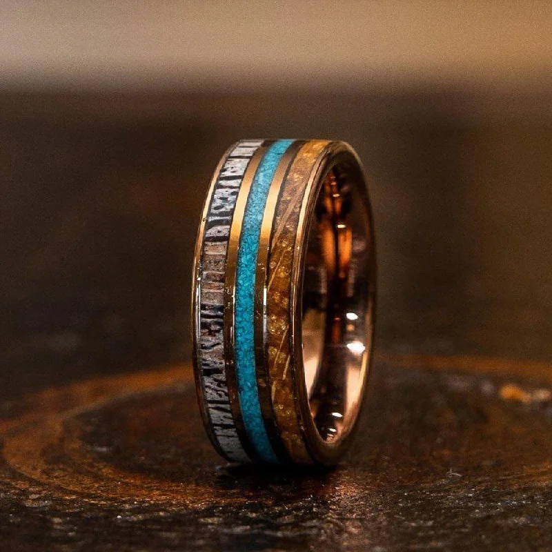 "Dionysus"  Whisky Barrel x Turquoise x Naturally Shed Antler Rose Gold Ring- Flat