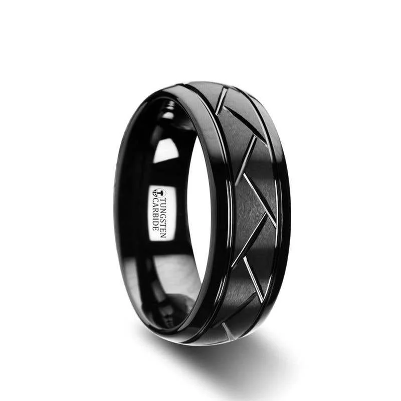 Thorsten ENIGMA Domed Black Tungsten Ring with Brushed Cross Alternating Diagonal Cuts Pattern - 8mm