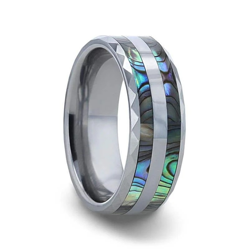 Thorsten PAUA Double Abalone Shell Inlay Faceted Tungsten Ring With Beveled Polished Edges - 8mm