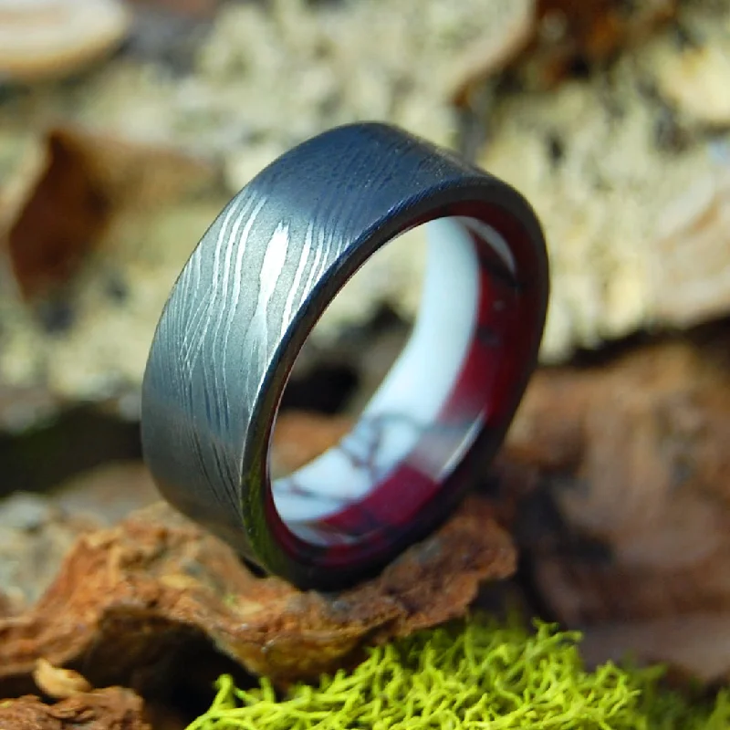 Double Stone Damascus | Men's Damascus Steel, Wild Horse Jasper, Bloody Basin Jasper & Titanium Wedding Ring