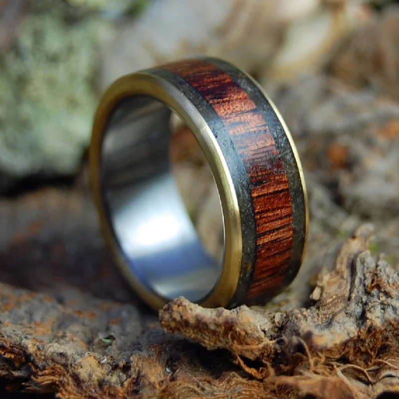 Drummer Man | Men's Oregon Lava, Koa Wood, Armenian Obsidian, Driftwood Bronze & Titanium Wedding Ring