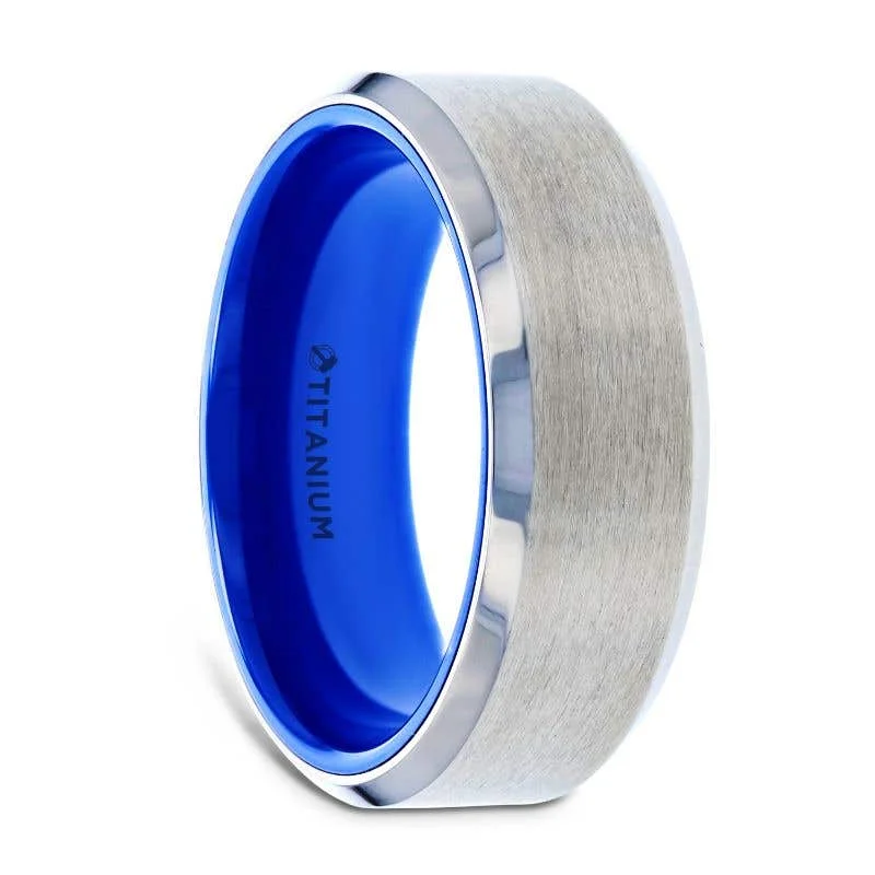 Thorsten ARCTIC Flat Beveled Edges Titanium Ring with Brushed Center and Vibrant Blue Inside - 8mm