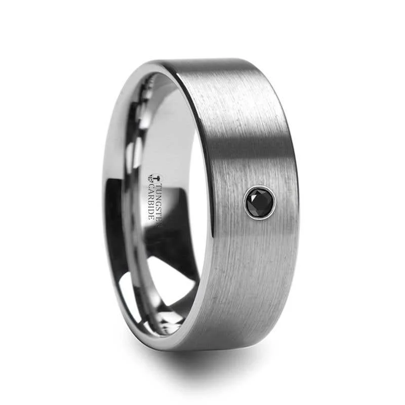 Thorsten IRENAEUS Flat Brushed Tungsten Men’s Wedding Ring with Black Diamond - 6mm & 8mm