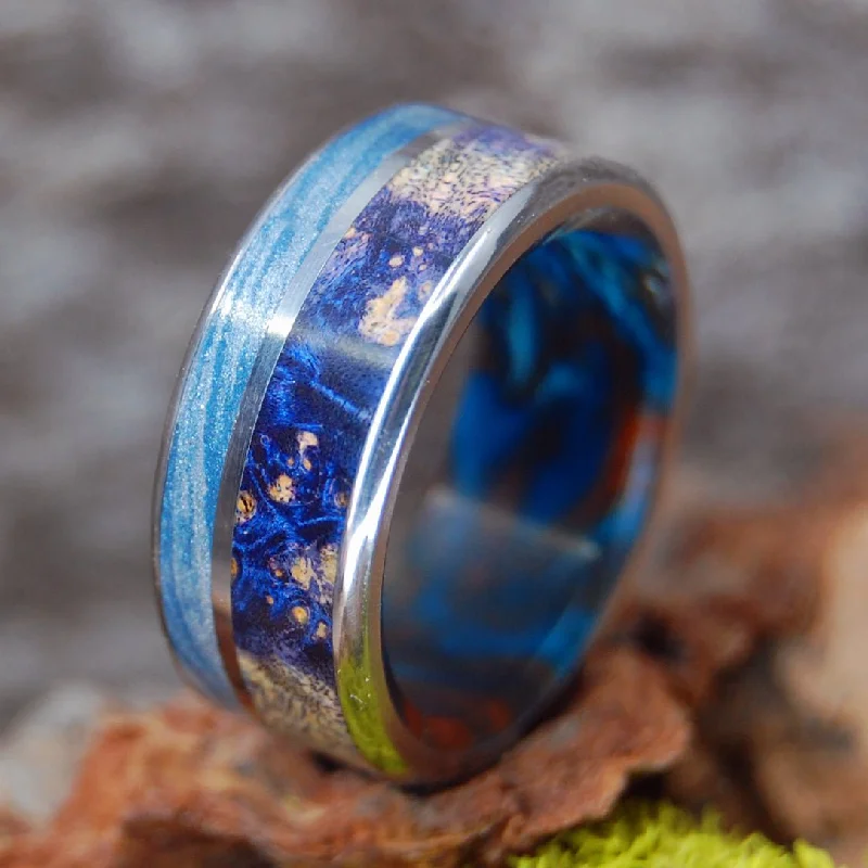 Galaxy King | Men's Blue Silver Mokume Gane, Blue Box Elder Wood, Lava Burst Resin & Titanium Wedding Ring