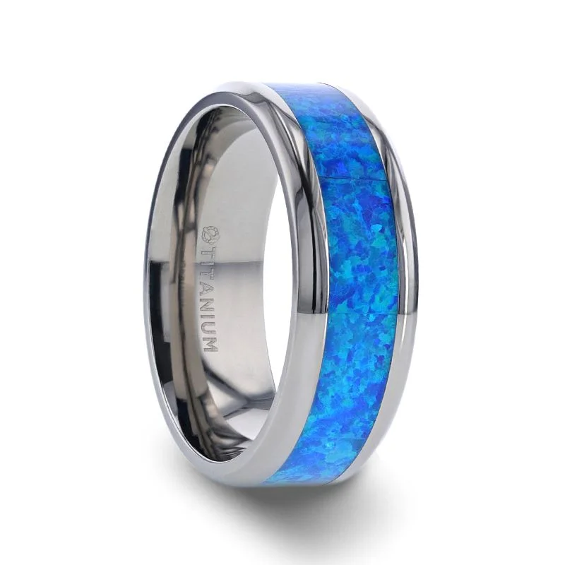 Thorsten GALAXY Titanium Polished Beveled Edge with Blue Green Opal Inlay Ring- 8 mm