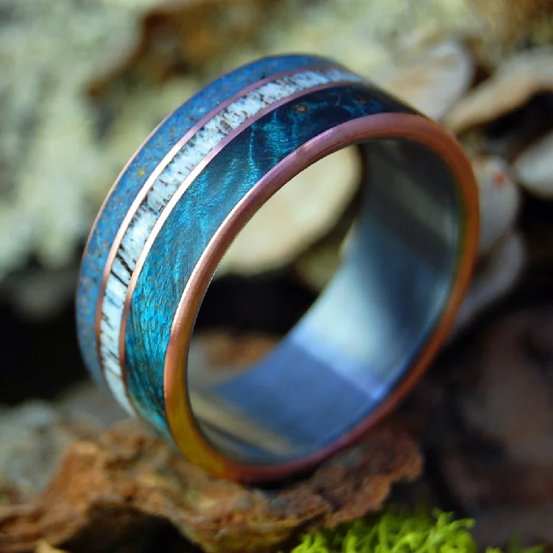 God Loves The Caribou | Men's Blue Maple Wood, Caribou Antler, Lake Superior Beach Sand, Copper & Titanium Wedding Ring