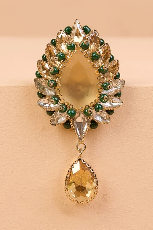 Gold Stone Brooch With Drop Crystals