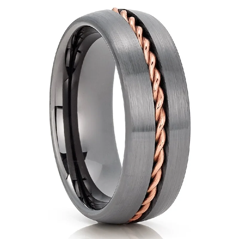 Gunmetal Tungsten Wedding Ring 8Mm Braid Rose Gold Dome Comfort Fit Cobalt Free