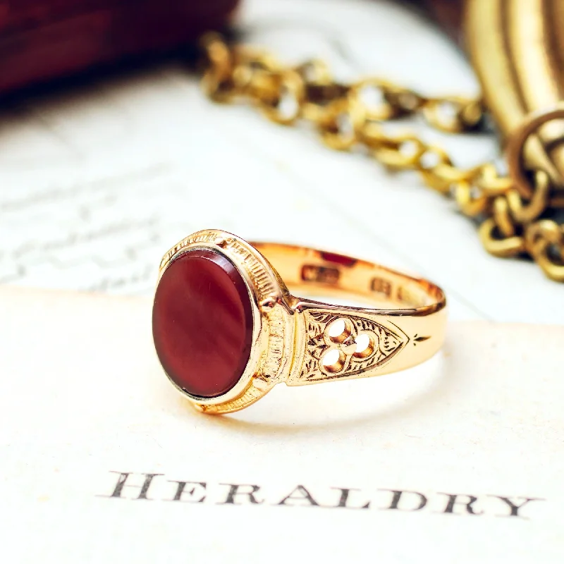 Handsome Date 1876 Gothic Revival Carnelian Signet Ring