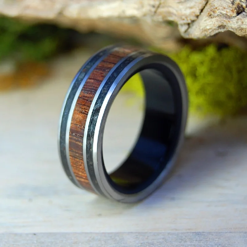 Koa In Black | Men's Black Beach Sand, Koa Wood, Onyx Stone & Titanium Wedding Ring