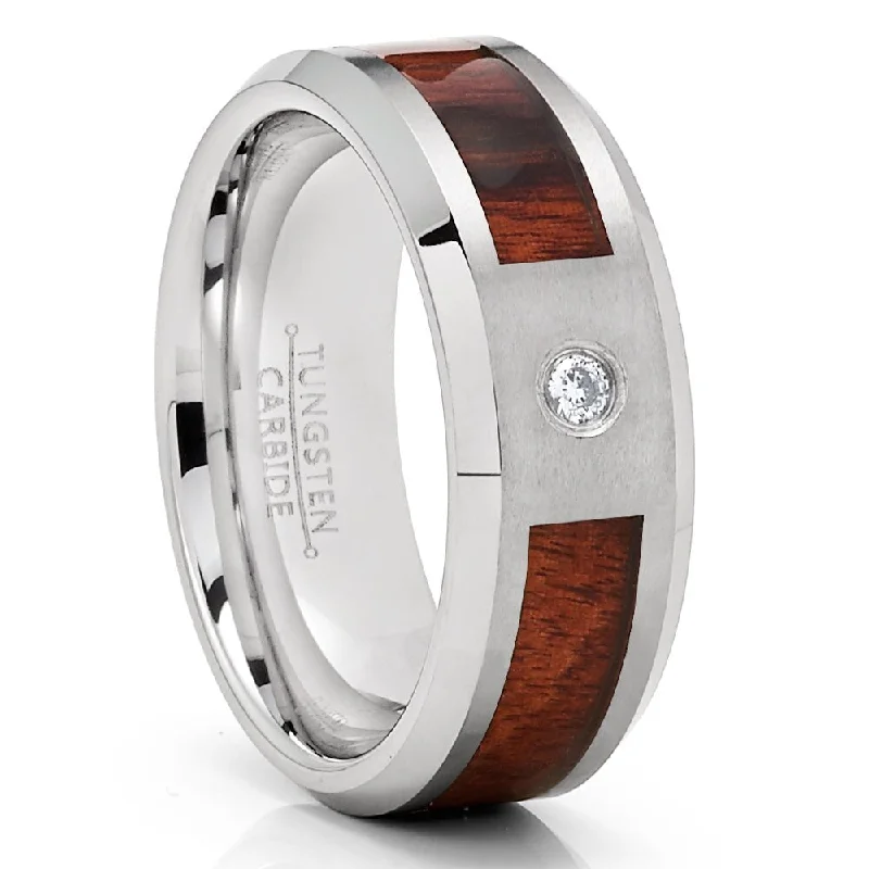 Koa Wood Tungsten Carbide Wedding Ring 8Mm Cz Inlay Comfort Fit Sizes 712 - Silver