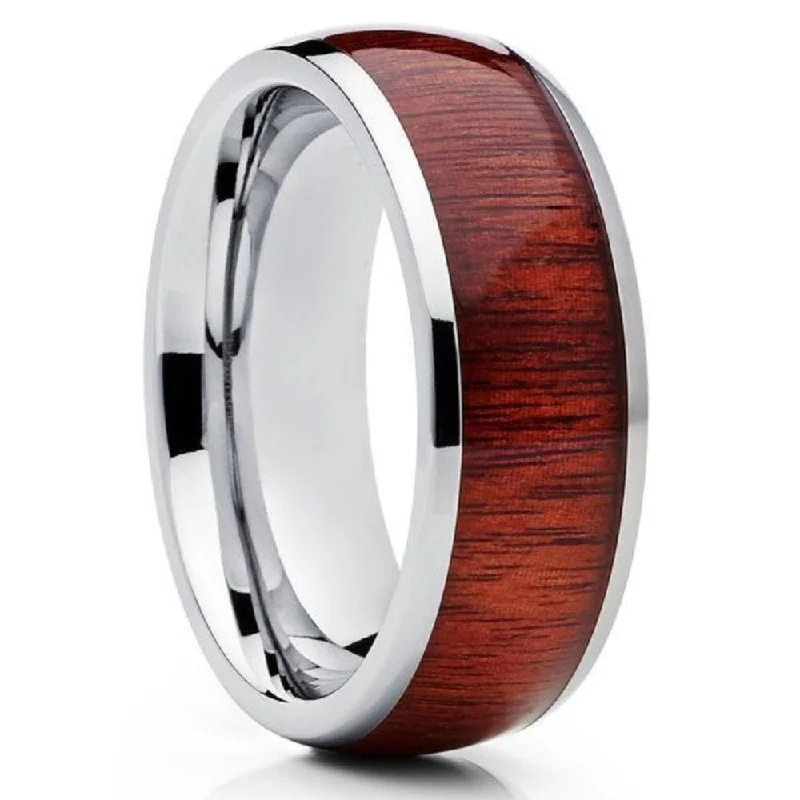 Koa Wood Tungsten Carbide Wedding Ring 8Mm Mens Comfort Fit - Silver