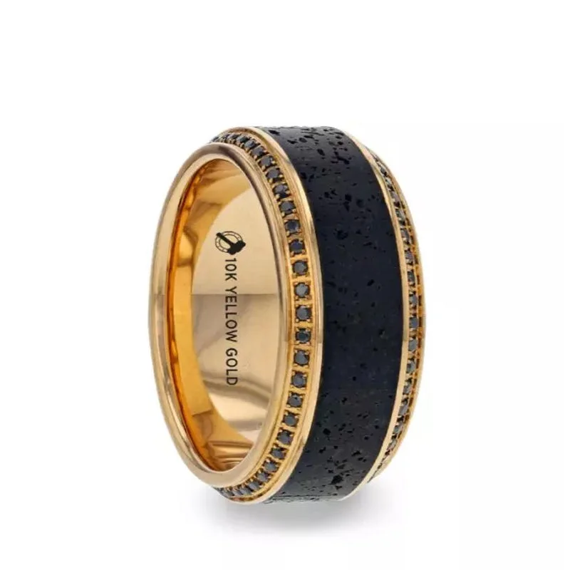 Thorsten HYPERION Lava Inlaid 10K Yellow Gold Wedding Ring Polished Beveled Edges Set with Round Black Diamonds - 10mm