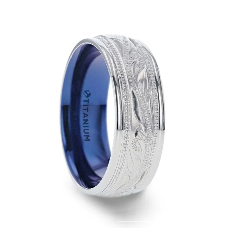 Thorsten MARINER Titanium Milgrain Engraved Finish Men's Wedding Ring with Blue Plating Inside- 8mm