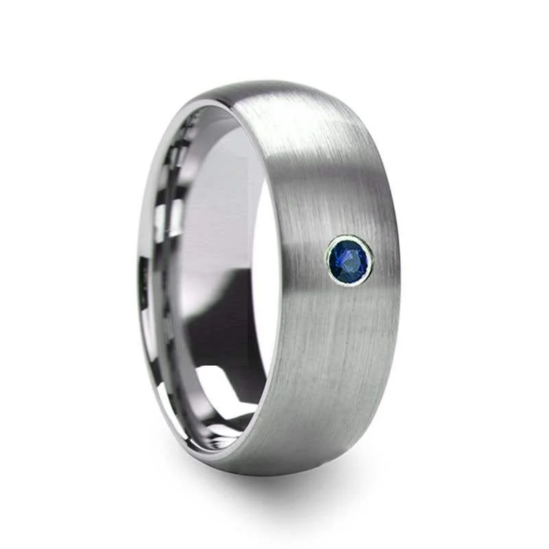 Thorsten MELANTHIOS Men’s Domed Brushed Tungsten Wedding Ring with Blue Diamond Center - 6mm & 8mm