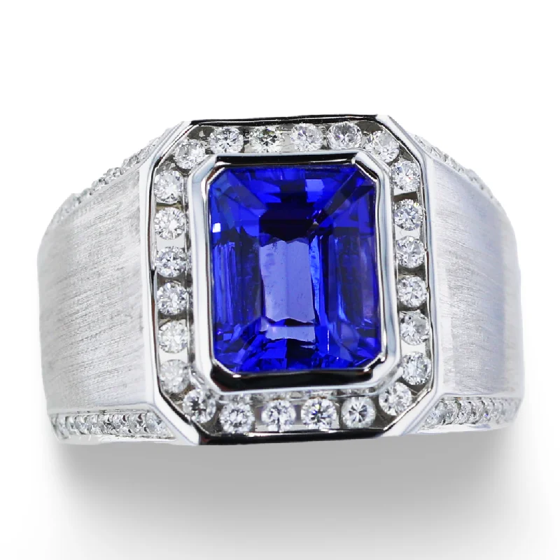 MEN'S 14KT WHITE GOLD 3.75CT TANZANITE & 0.57CTW DIAMOND HALO RING