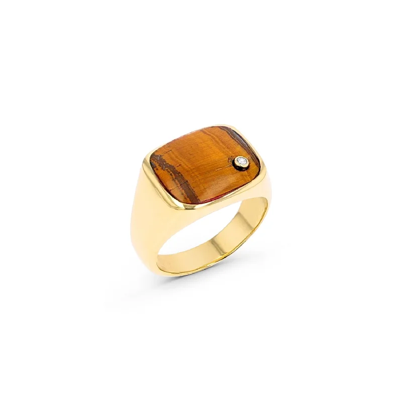 Mr. LOWE Men's 14k Tiger's Eye Stone Signet Bond Ring with Diamond Bezel