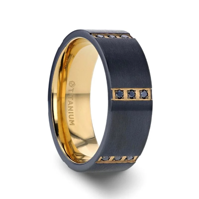 Thorsten MURAMASA Flat Brushed Black Titanium Ring Gold Plated Inside with 6 Gold Plated Stainless Steel Bezels Triple Black Diamond Setting