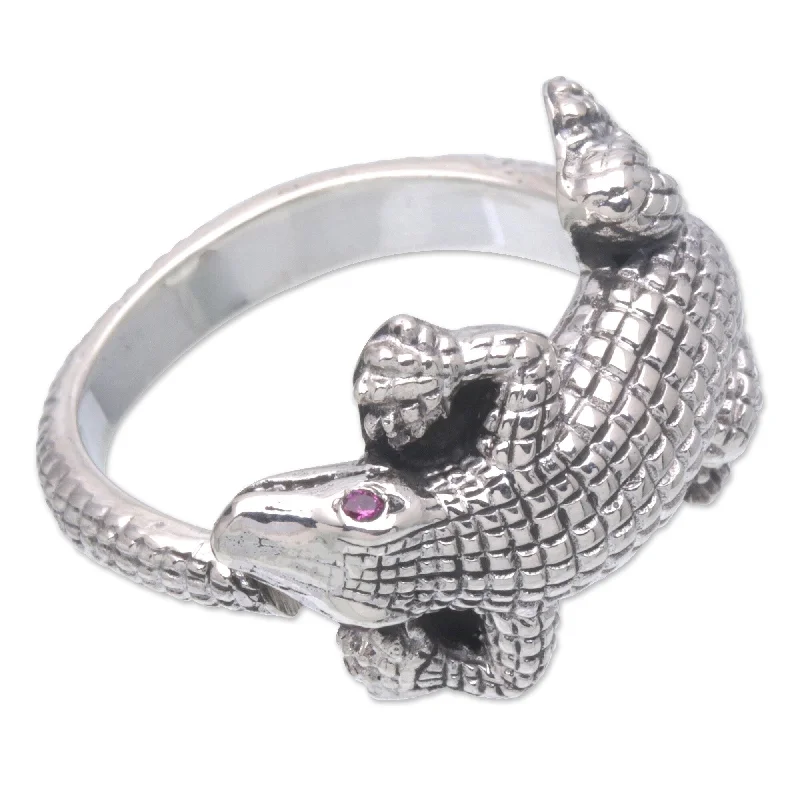 Novica Handmade Angry Crocodile Men'S Amethyst Ring