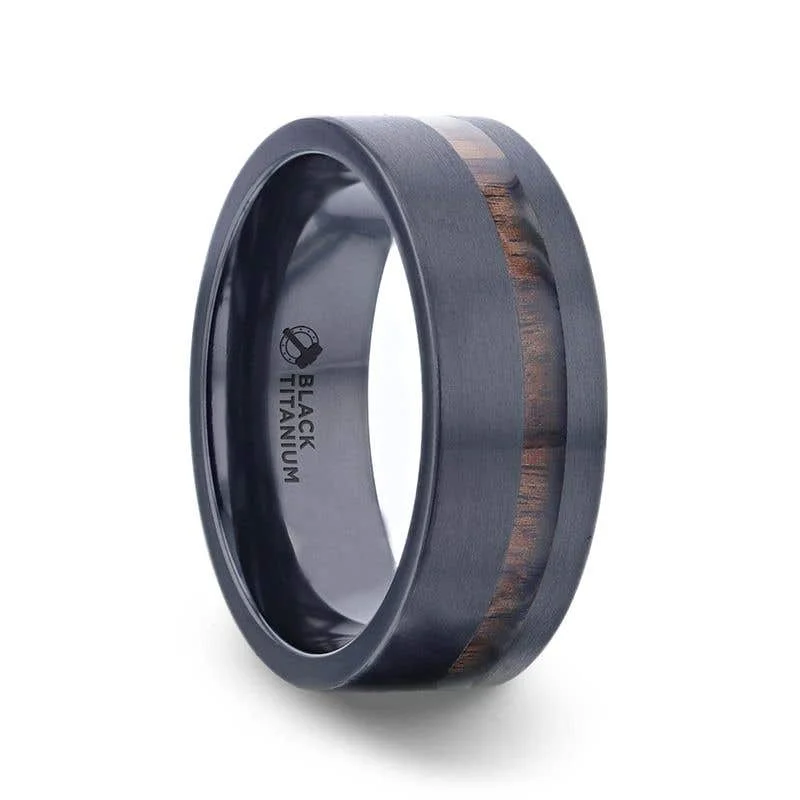 Thorsten DARING Off-Set Koa Wood Inlaid Black Titanium Men's Wedding Band With Flat Brushed Finish - 8mm