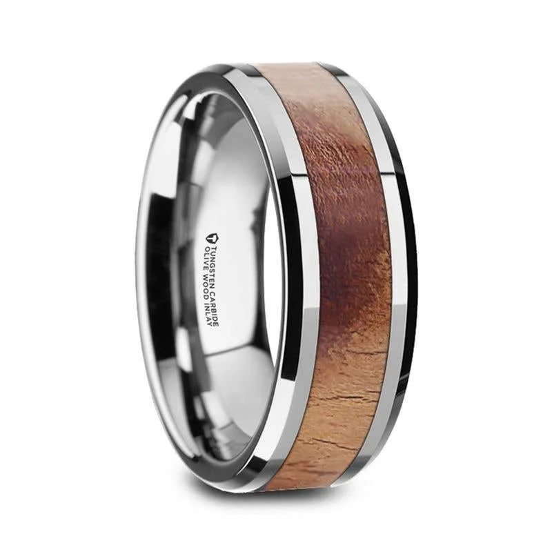 Thorsten OLLIVANDER Olive Wood Inlaid Tungsten Carbide Ring with Bevels - 6mm & 8mm