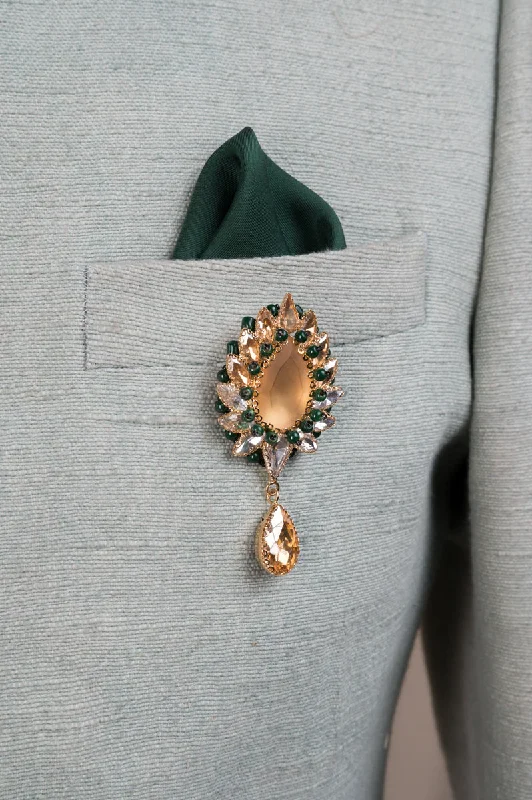 Peach and Green Crystal Brooch With Drop Detailing