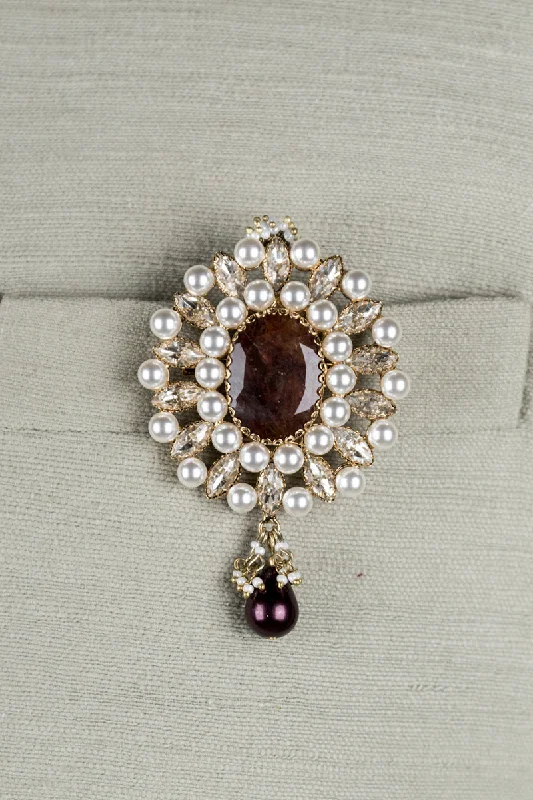 Peach Colored Stone and Pearl Encrusted Brooch