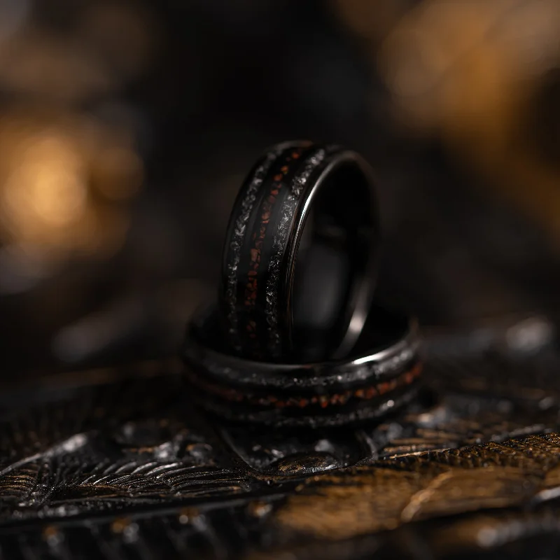 "Perseus" Black Domed Tungsten Carbide Ring- Dinosaur Bones and Meteorite- 6mm/8mm