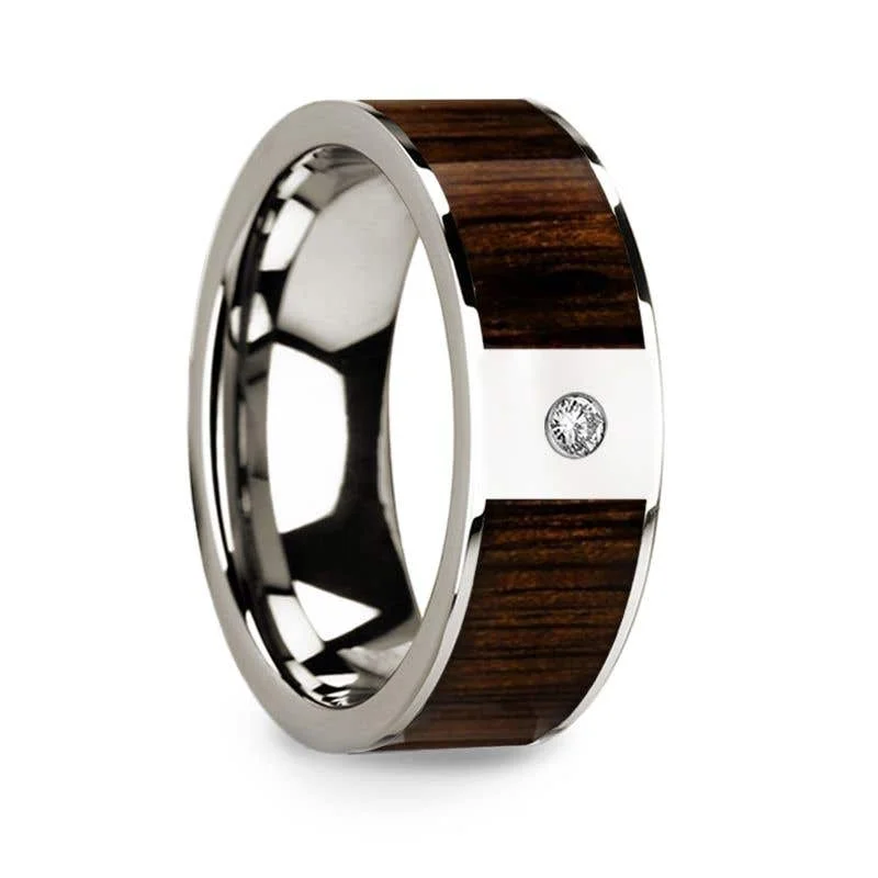 Thorsten 14k White Gold & Black Walnut Inlay Wedding Ring with Diamond - 8mm